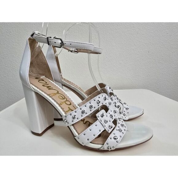 Sam Edelman "Yasha" White Leather Silver Studs Strappy Heeled Sandals Size 7.5 - Picture 7 of 11